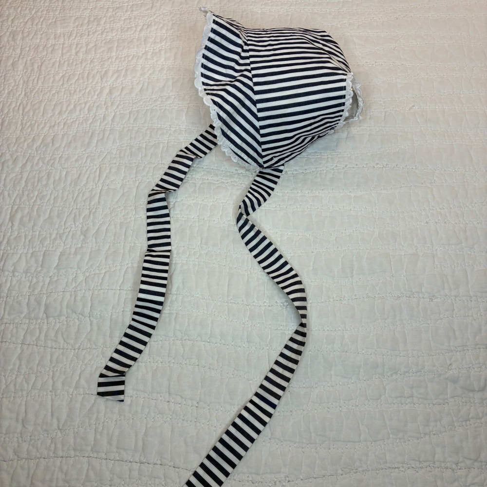 The Beaufort Bonnet Co Navy White Stripe Eyelet Trim Bonnet Small Adjustable